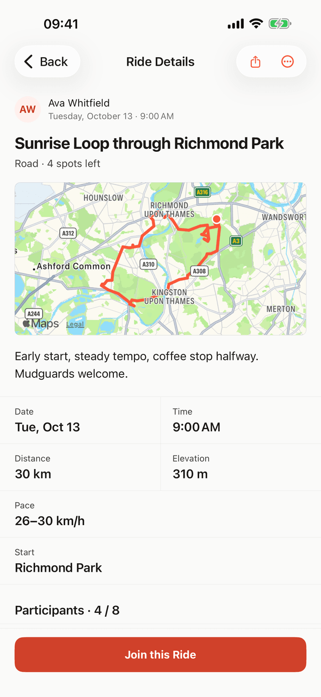 Draft-app — ritdetails met de routekaart