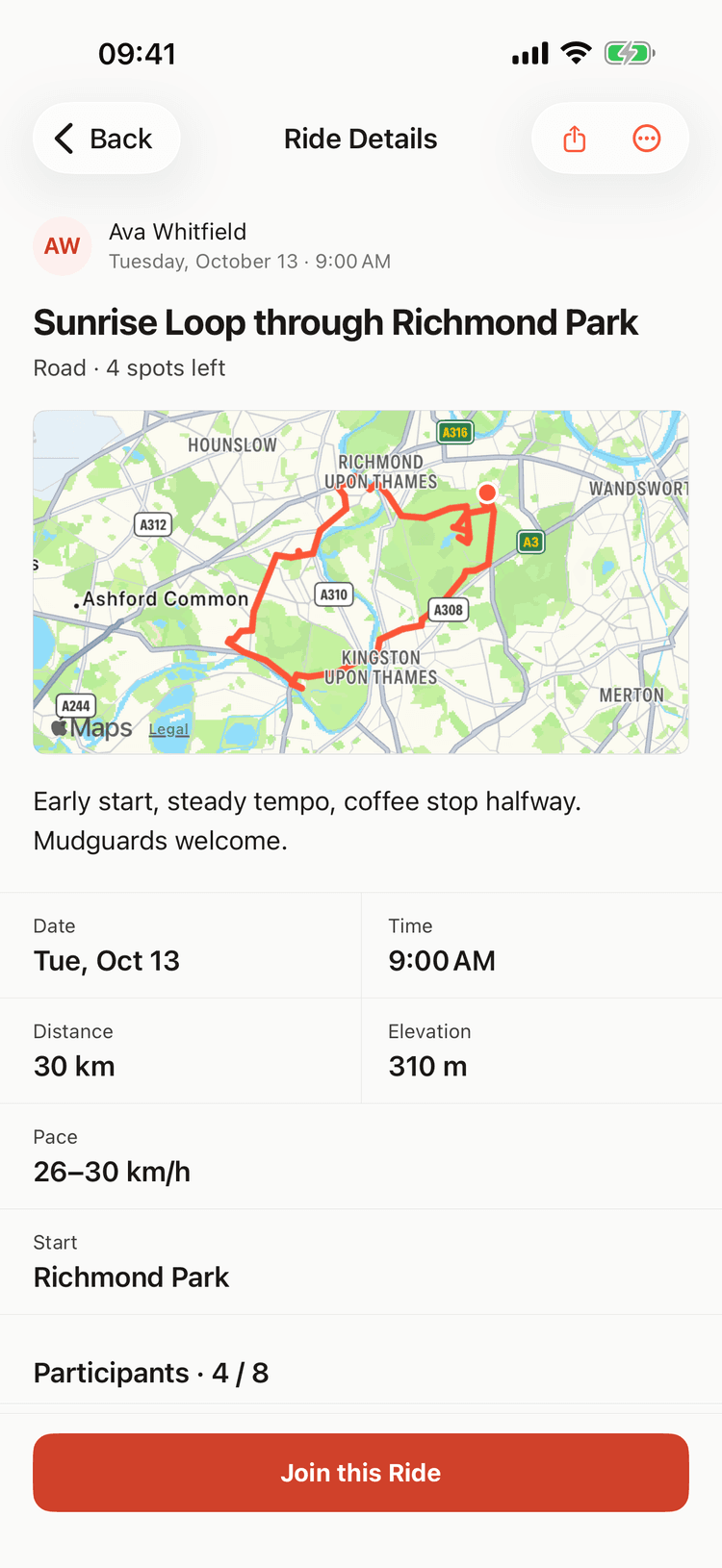 Draft-app — ritdetails met de routekaart